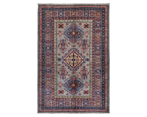 3x5 Gray Kazak Afghan Hand Knotted Geometric Wool Area Rug